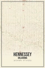 Retro US city map of Hennessey, Oklahoma. Vintage street map.