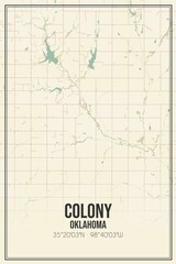 Retro US city map of Colony, Oklahoma. Vintage street map.