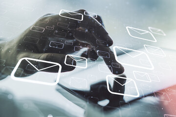 Creative abstract postal envelopes hologram with finger presses on a digital tablet on background, email and notification concept. Multiexposure