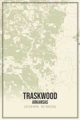 Retro US city map of Traskwood, Arkansas. Vintage street map.
