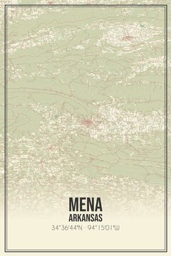 Retro US city map of Mena, Arkansas. Vintage street map.
