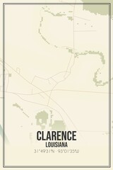 Retro US city map of Clarence, Louisiana. Vintage street map.