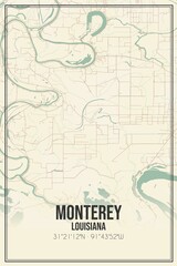 Retro US city map of Monterey, Louisiana. Vintage street map.