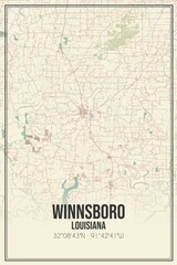 Retro US city map of Winnsboro, Louisiana. Vintage street map.