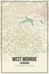 Retro US city map of West Monroe, Louisiana. Vintage street map.