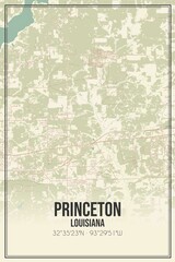 Retro US city map of Princeton, Louisiana. Vintage street map.