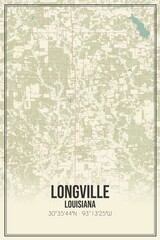 Retro US city map of Longville, Louisiana. Vintage street map.