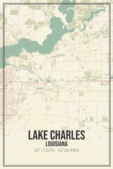 Retro US city map of Lake Charles, Louisiana. Vintage street map.