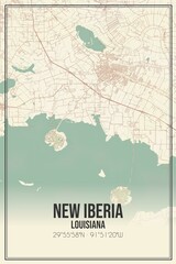 Retro US city map of New Iberia, Louisiana. Vintage street map.