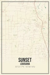 Retro US city map of Sunset, Louisiana. Vintage street map.