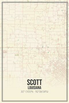 Retro US City Map Of Scott, Louisiana. Vintage Street Map.