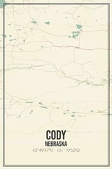 Retro US city map of Cody, Nebraska. Vintage street map.