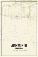 Retro US city map of Ainsworth, Nebraska. Vintage street map.