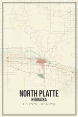 Retro US city map of North Platte, Nebraska. Vintage street map.