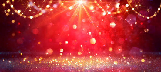 Shiny Red Glitter With Bright Star Light In Abstract Defocused Christmas Background