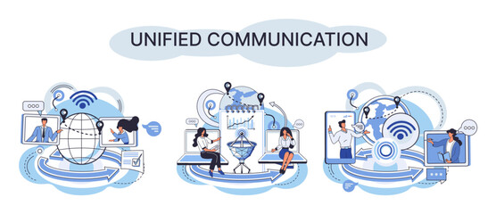 Unified communication metaphor. Characters use wireless telephony connection. Telecommunication system via cloud or network. Social media creative idea. Online social network. Business interaction app