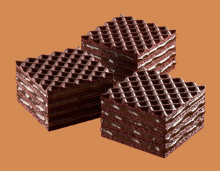 Cocoa Wafers cube with chocolate  filling. Isolated on background. 3d illustration