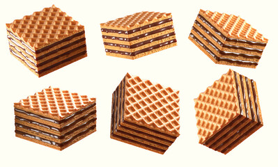 Wafers cubes with chocolate filling. 3d illustration. Clipping path. Isolated on background
