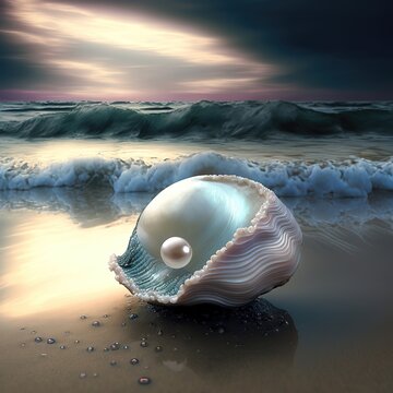 Fantasy seascape, seashell with pearls on the ocean, waves, sea foam, sunset. AI