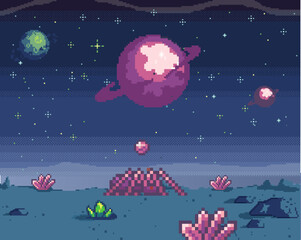 Pixel art cosmic area, game location. Scene with fantastic planets in outer space. Futuristic spaceships during war in space. Pixel retro program about space interface. Pixelated design vector