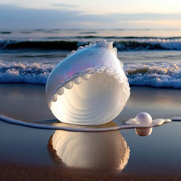 Fantasy seascape, seashell with pearls on the ocean, waves, sea foam, sunset. AI