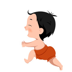Vector little happy child runs, takes the first steps. A light-skinned, dark-haired baby in a diaper runs towards the meeting.