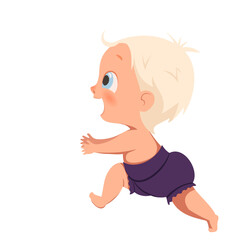Vector little happy child runs, takes the first steps. A blue-eyed blond baby in a purple diaper runs towards the meeting.