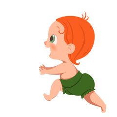 Vector little happy child runs, takes the first steps. A red-haired baby in a green diaper is moving.