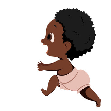 Vector little happy child runs, takes the first steps. A dark-skinned, dark-haired baby in a diaper runs towards the meeting.