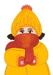 cartoon girl in a yellow jacket and scarf on a white background