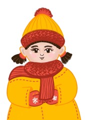 cartoon girl in a yellow jacket and scarf on a white background