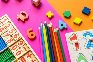 school stationery, numbers, back to school background 