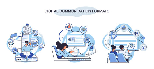 Digital communications formats. Chat messages smartphone, Sms on mobile phone screen, computer application. Chatting, messaging using chat app or social network. Persons cellphone metaphor