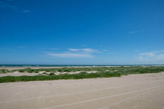 Autospuren am Strand an der Nordsee in D&auml;nemark