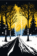 winter season landscape with trees, winter wonderland, graphic design, yellow blue white and black, digital art style illustration