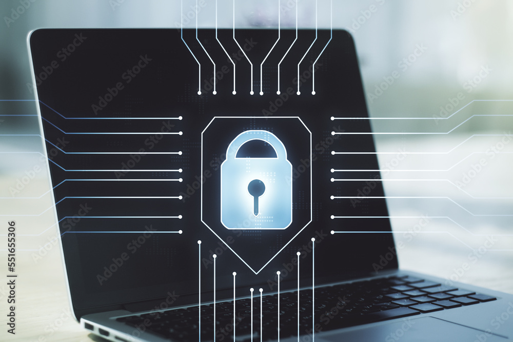 Poster creative idea concept with lock symbol and microcircuit illustration on modern laptop background. pr