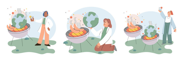 Global warming. High temperature and hot weather Earth. Climate change concept. Hot melt planet earth. Global warming heating impact. Tiny people. Raising global temperature. People energy use planet