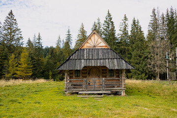 Old wooden house in the Tatras mountains , farmhouse with barn, meadows and mountains in the background. 