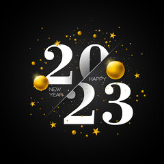 Happy New Year 2023 Illustration with Gold Ornamental Ball and Typography Lettering on Black Background. Vector Christmas Holiday Season Design for Flyer, Greeting Card, Banner, Celebration Poster