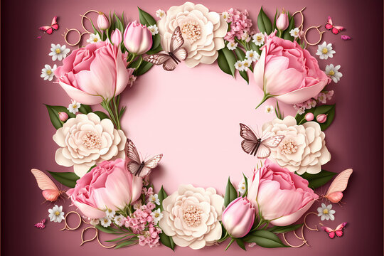Wedding floral frame border with elegant rose flowers, tulips, pearls and butterflies on a pink background, Holiday pattern with flowers for wedding invitations, digital illustration art style