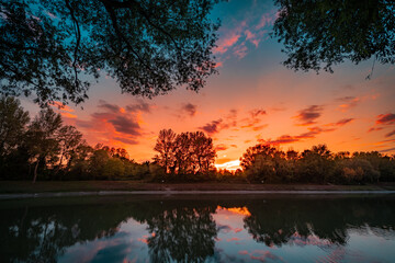 Sunset over the lake in Sveta Nedelja Croatia
