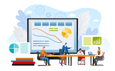 Briefing business crisis concept, business meeting vector illustration. Businessman giving presentation to team in office. Business brief.