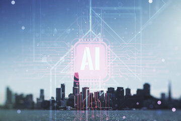 Creative artificial Intelligence symbol hologram on San Francisco cityscape background. Double...