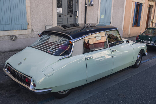 Loriol sur Drome, France - 17 September, 2022: Vintage light blue old car Citroen ID19 on the street. Classic car exhibition in Loriol sur Drome, France.