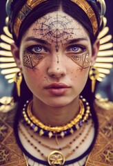 A fictional person, not based on a real person. Portrait of a beautiful priestess. Image of an ancient princess. Generative AI