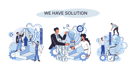 Reaching solution as result of work of business team. Startup employees. Goal thinking. Cooperation construction by agency create team. Creative successful management metaphor, decision and teamwork