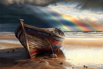 An old wrecked fishing boat rides on a deserted beach. An abandoned wooden boat. Generative AI