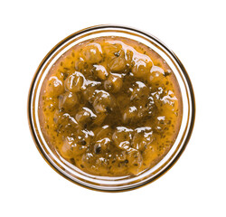 Bowl of delicious gooseberry jam isolated on white, top view