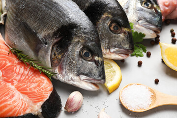 Fresh raw dorado fish, salmon and spices on light grey table, closeup
