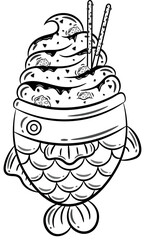 Taiyaki with chocolate ice cream with mini cookies drawing sketch for coloring